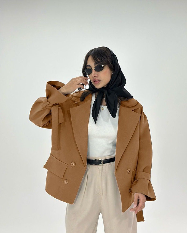 کت زنانه سرشانه بلند با کمربند فری سایز تا ۴۴