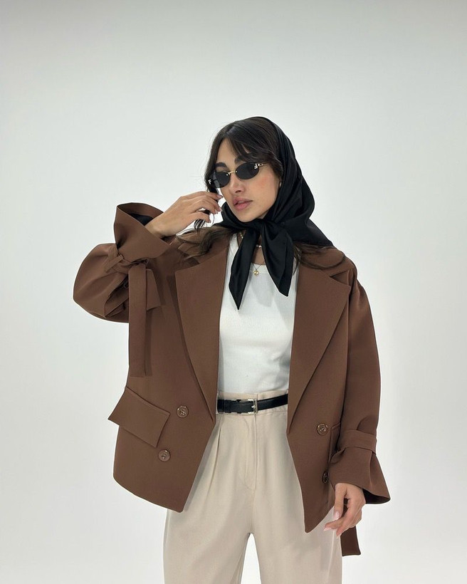 کت زنانه سرشانه بلند با کمربند فری سایز تا ۴۴