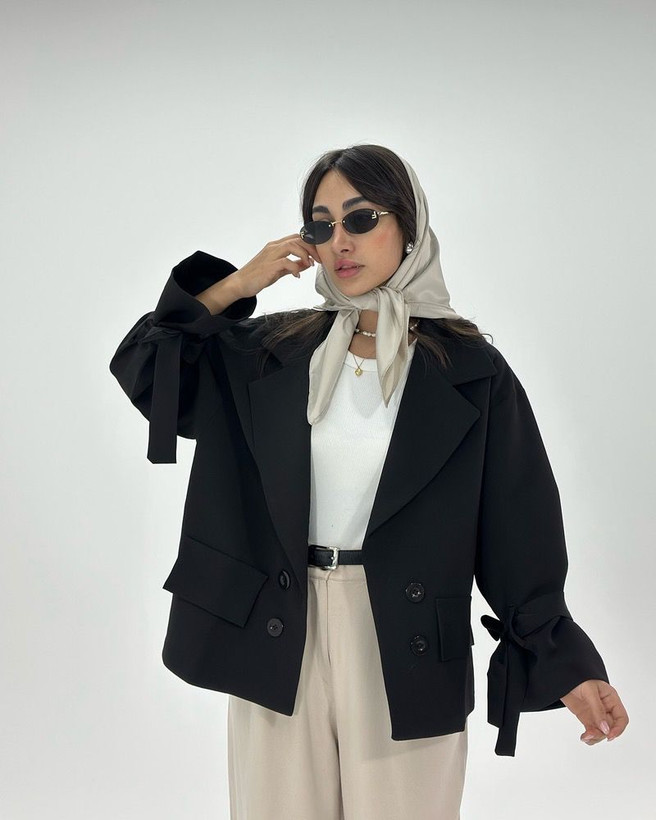 کت زنانه سرشانه بلند با کمربند فری سایز تا ۴۴