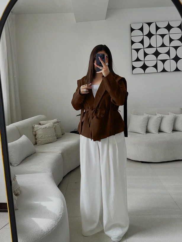 کت زنانه سرشانه بلند با کمربند فری سایز تا ۴۴