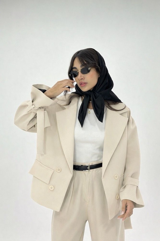 کت زنانه سرشانه بلند با کمربند فری سایز تا ۴۴