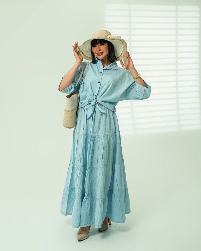 ست لنین شومیز گره ای و دامن دریا فری سایز