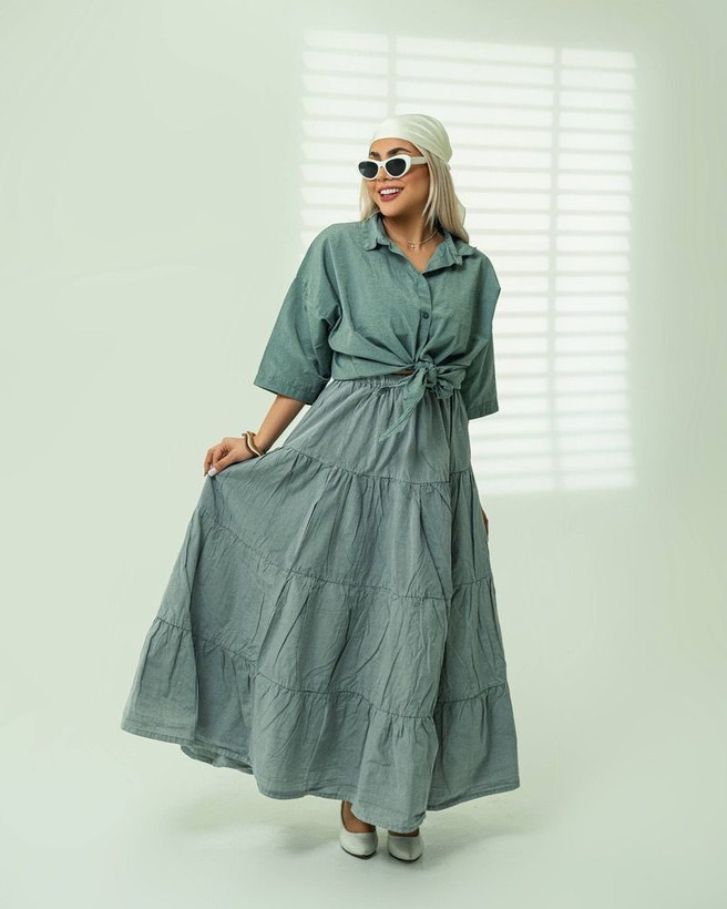 ست لنین شومیز گره ای و دامن دریا فری سایز