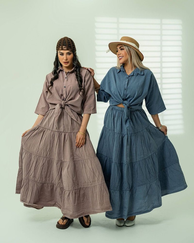 ست لنین شومیز گره ای و دامن دریا فری سایز