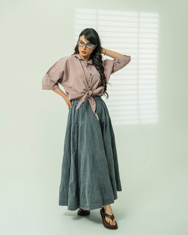 ست لنین شومیز گره ای و دامن دریا فری سایز