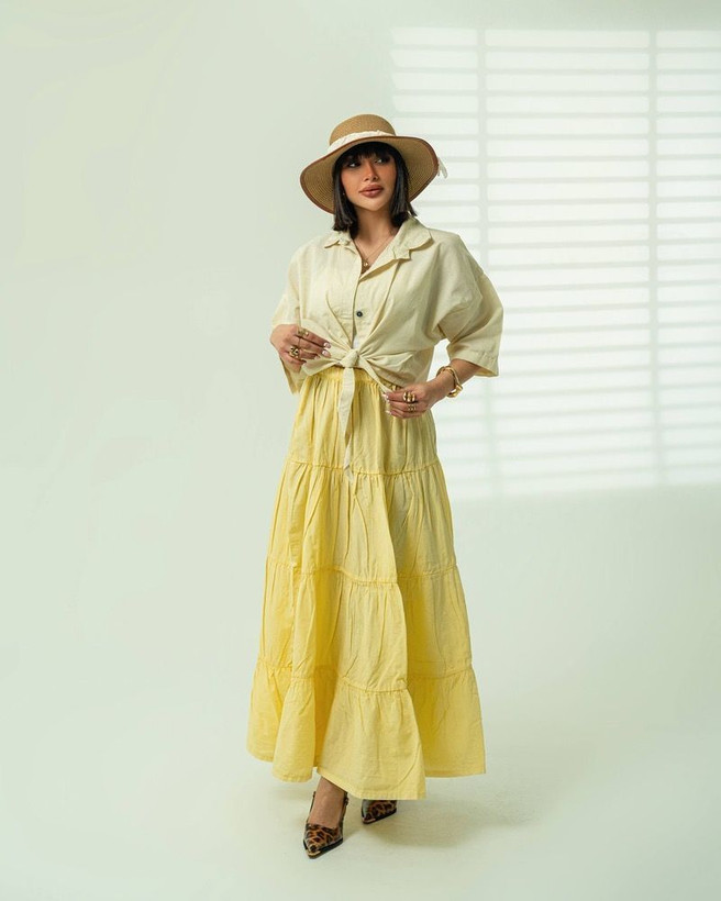 ست لنین شومیز گره ای و دامن دریا فری سایز