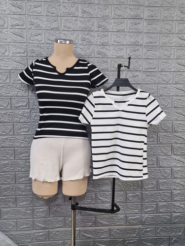 تی شرت راه راه یقه دلبری ( فری سایز)