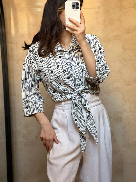 شومیز گل دار گره ای فری سایز تا ۴۴